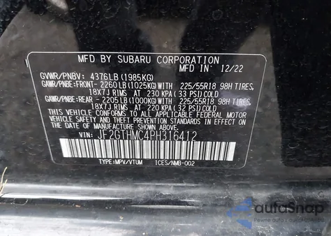 2023 Subaru Crosstrek Limited z USA, uszkodzony, nr VIN JF2GTHMC4PH316412